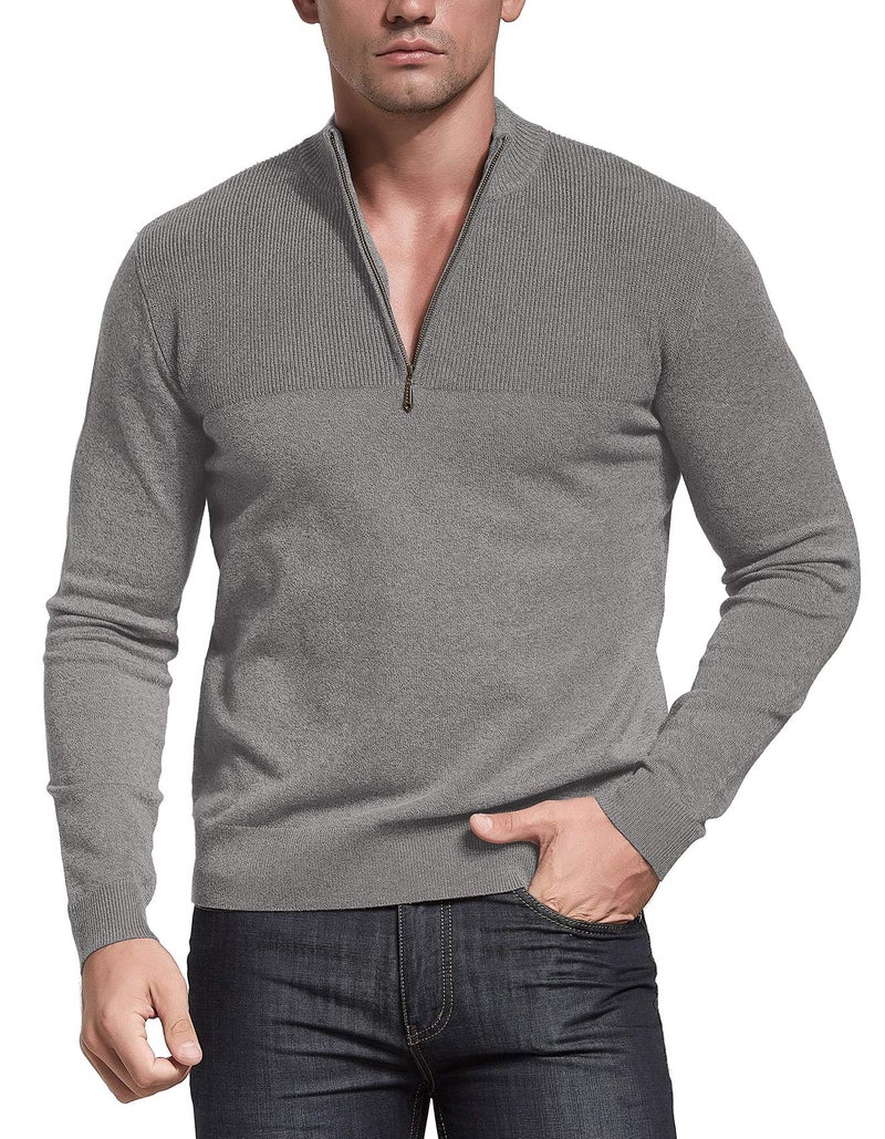 NITAGUT Mens Slim Fit Zip Up Mock Neck Polo Sweater Casual Long Sleeve Sweater and Pullover Sweaters with Ribbing Edge(Grey-L) - Image 3